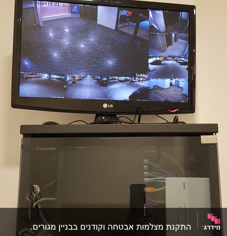 מסך מציג צילומי מצלמות אבטחה במעגל סגור